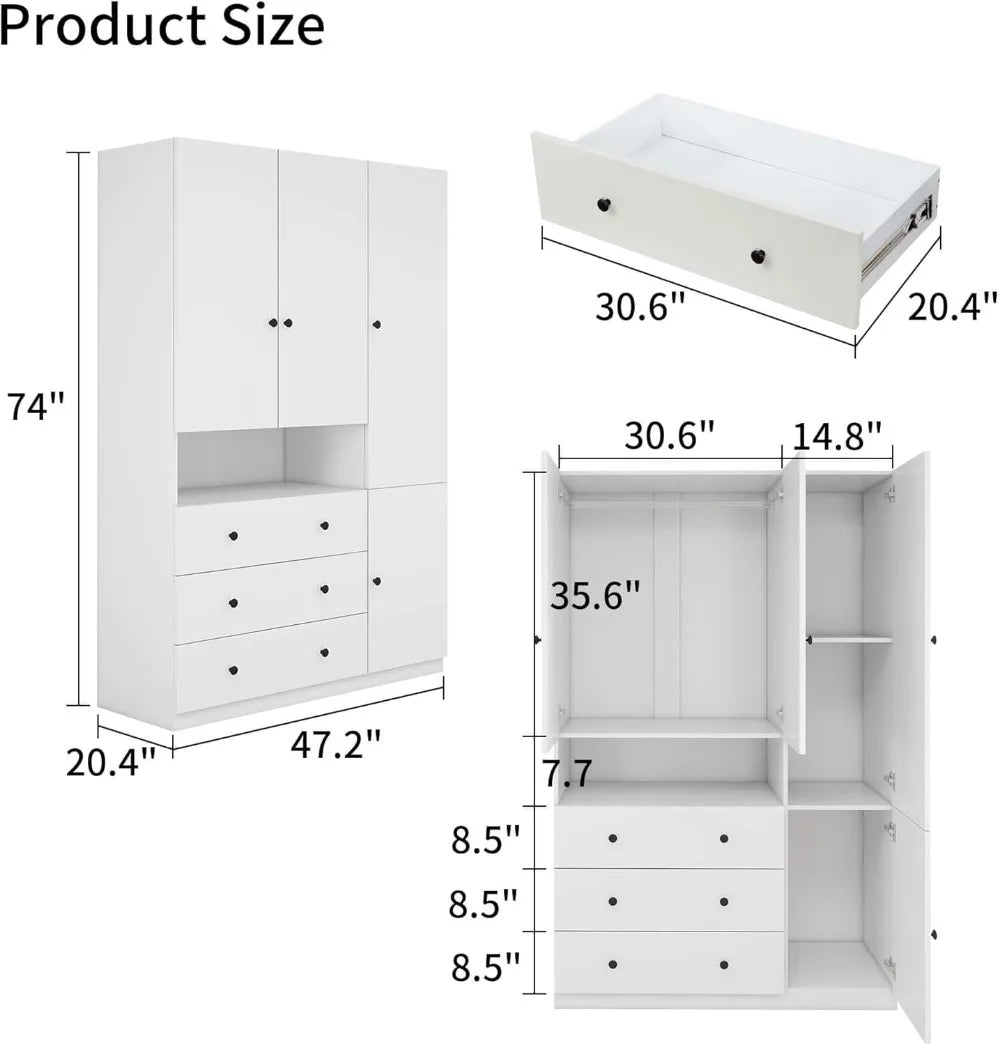 SARAI Modern 3-Door Wooden Wardrobe Armoire Closet Organizer
