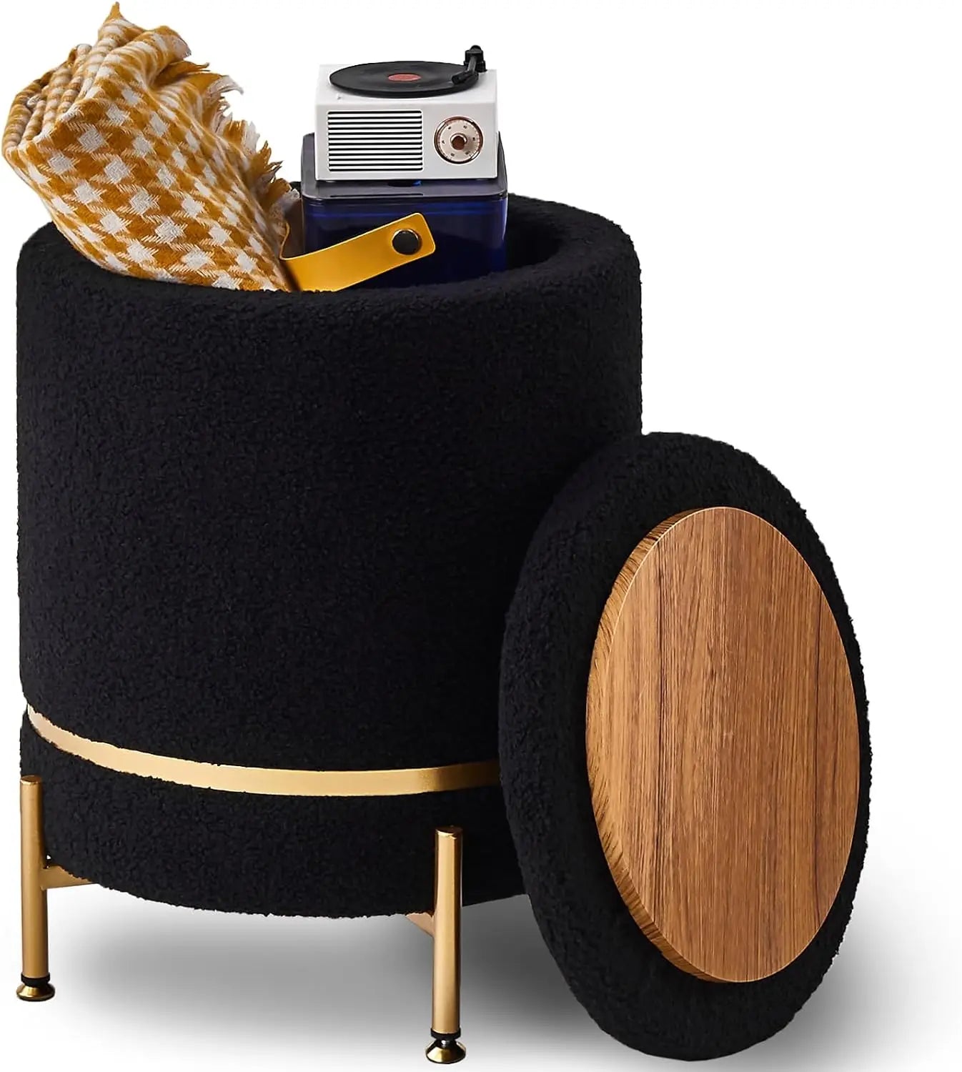 Ayden Round Velvet Upholstered Ottoman with Storage and Metal Legs - 13.8" W