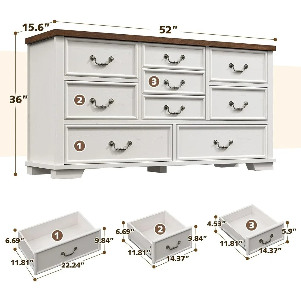 ARABELLA Farmhouse 9 Drawer Wood Dresser - Rustic Chest of Drawers, 52'' Wide