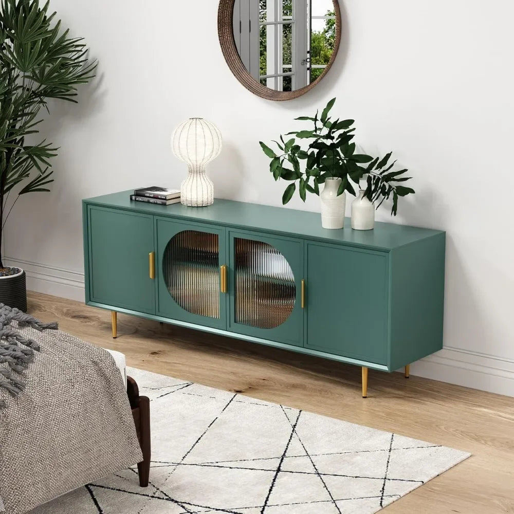 Modern TV Stand for TVs up to 70+ inch, Glass Door Television Console Table with Gold Leg, Entertainment Center with Storage