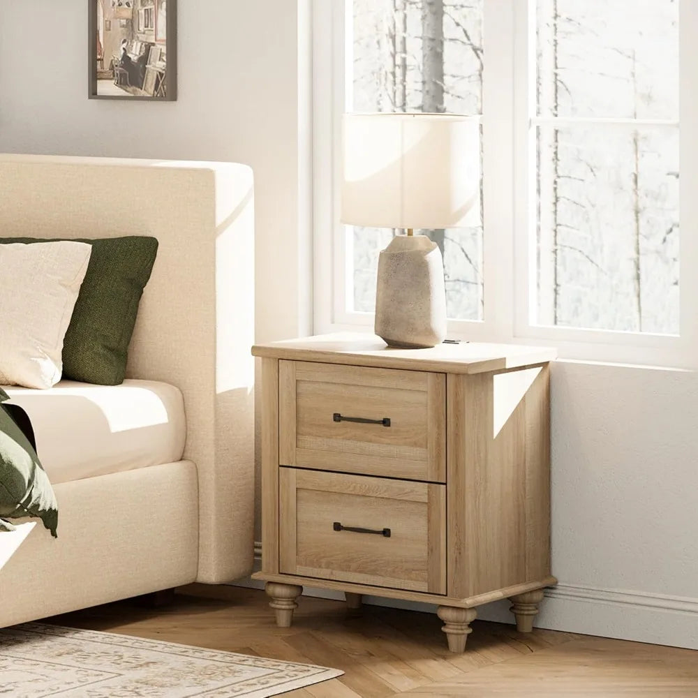 TESSA Wooden Nightstand Set of 2 - 2 Drawer Bedside Table with Charging Station