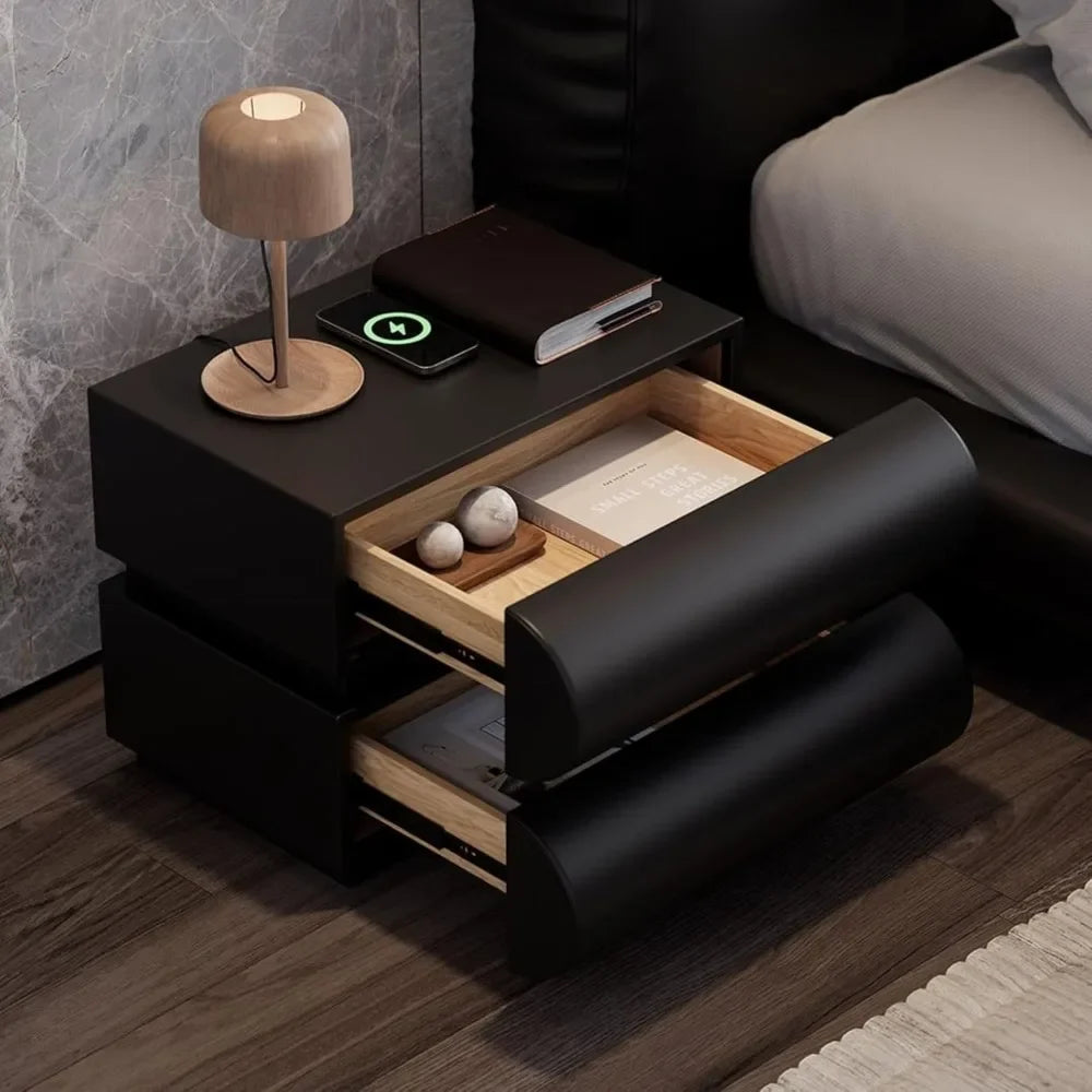 KAYLA Modern Black Leather Smart Nightstand with Wireless Charger - 19.7"