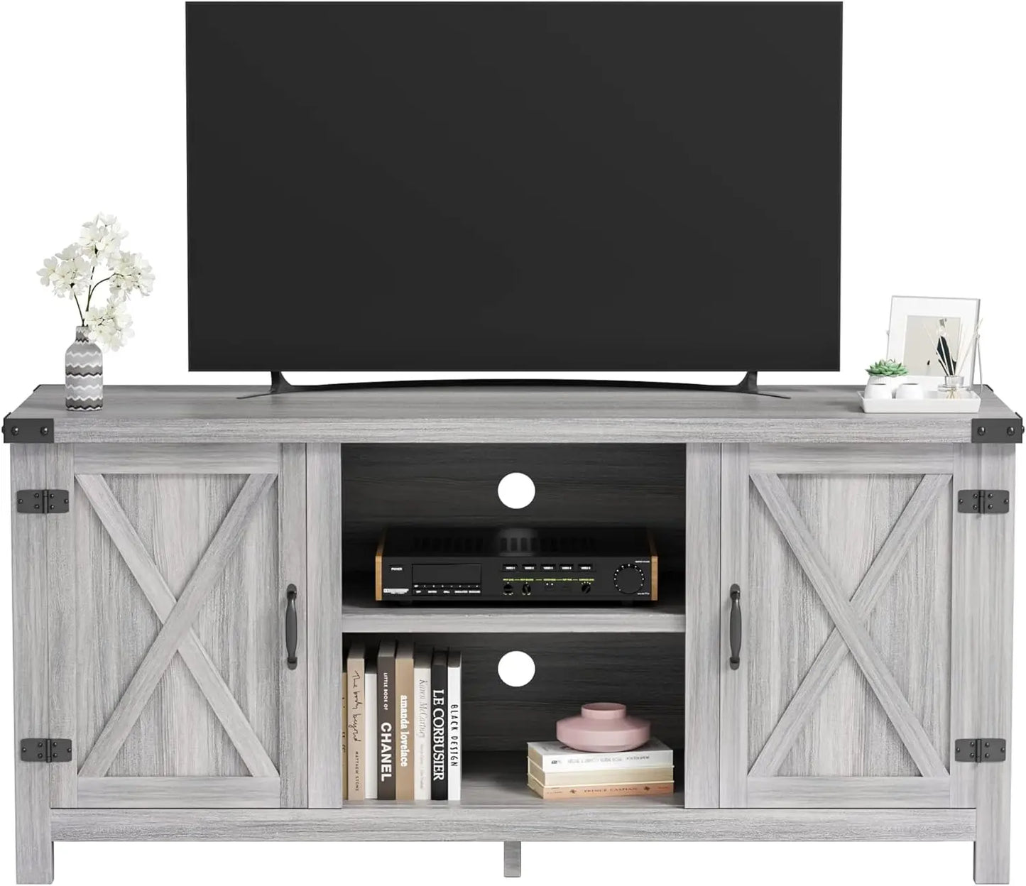 WESLEY Bayshore Farmhouse TV Stand – Barn Door Console Cabinet Media Unit – 58" W