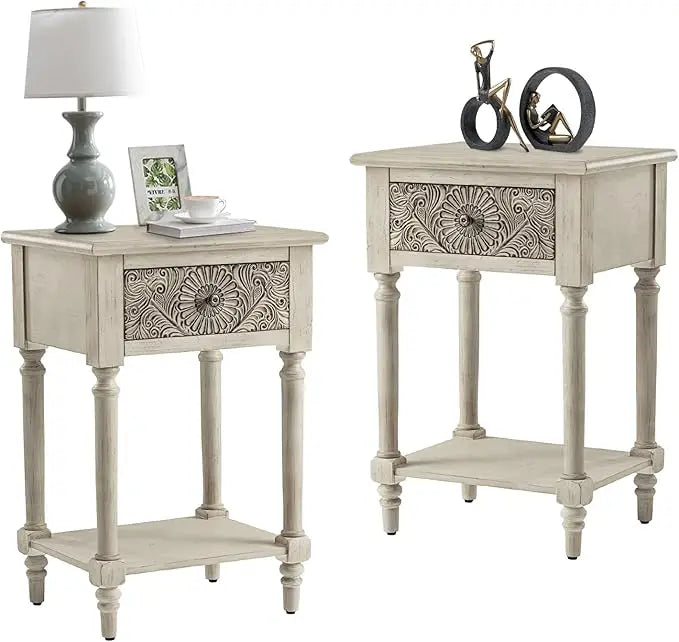 HOPE Vintage Floral Carved Wooden Nightstand Set – 18" Wide Bedside Table with 2 Drawers