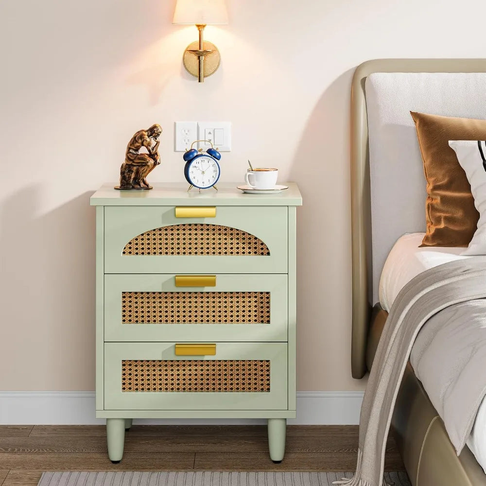 BROOKE Mint Green Modern Rattan 3-Drawer Nightstand - 19.69''