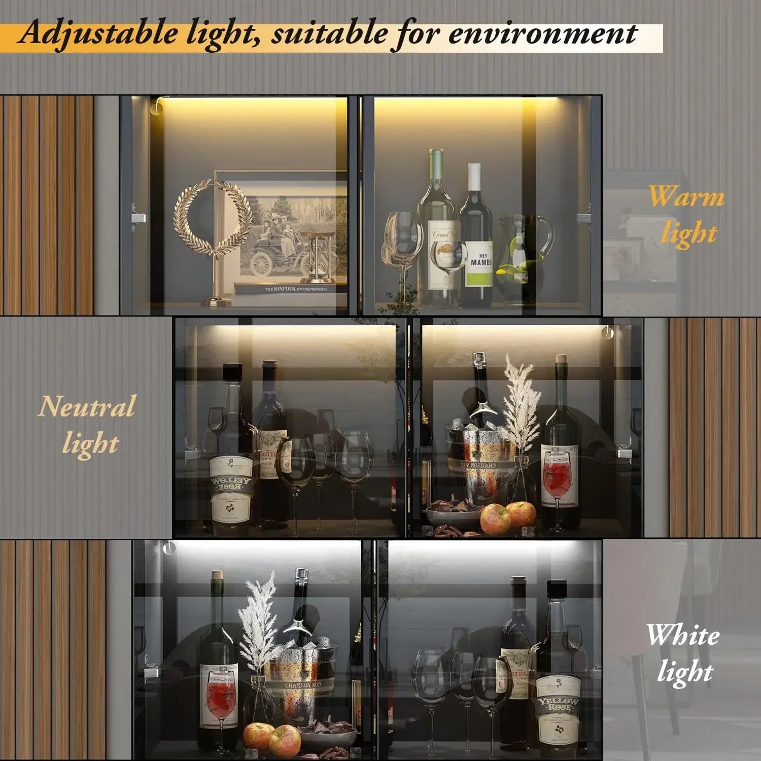 MARY Modern Bookcase with LED Lights, Glass Doors & 4-Tier Shelves - 31.5" W