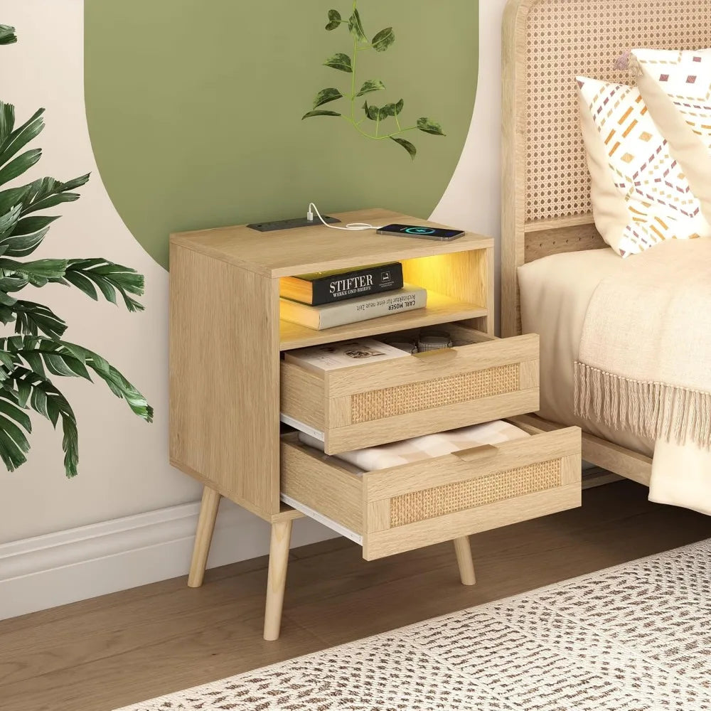 GWENDOLYN Boho Rattan Nightstand Set of 2 - LED Light & Charging Station - 17.7''