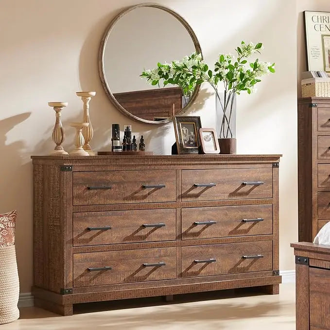 LEILA Farmhouse Rustic 6-Drawer Dresser - 54" Wide Chest of Drawers for Bedroom Storage