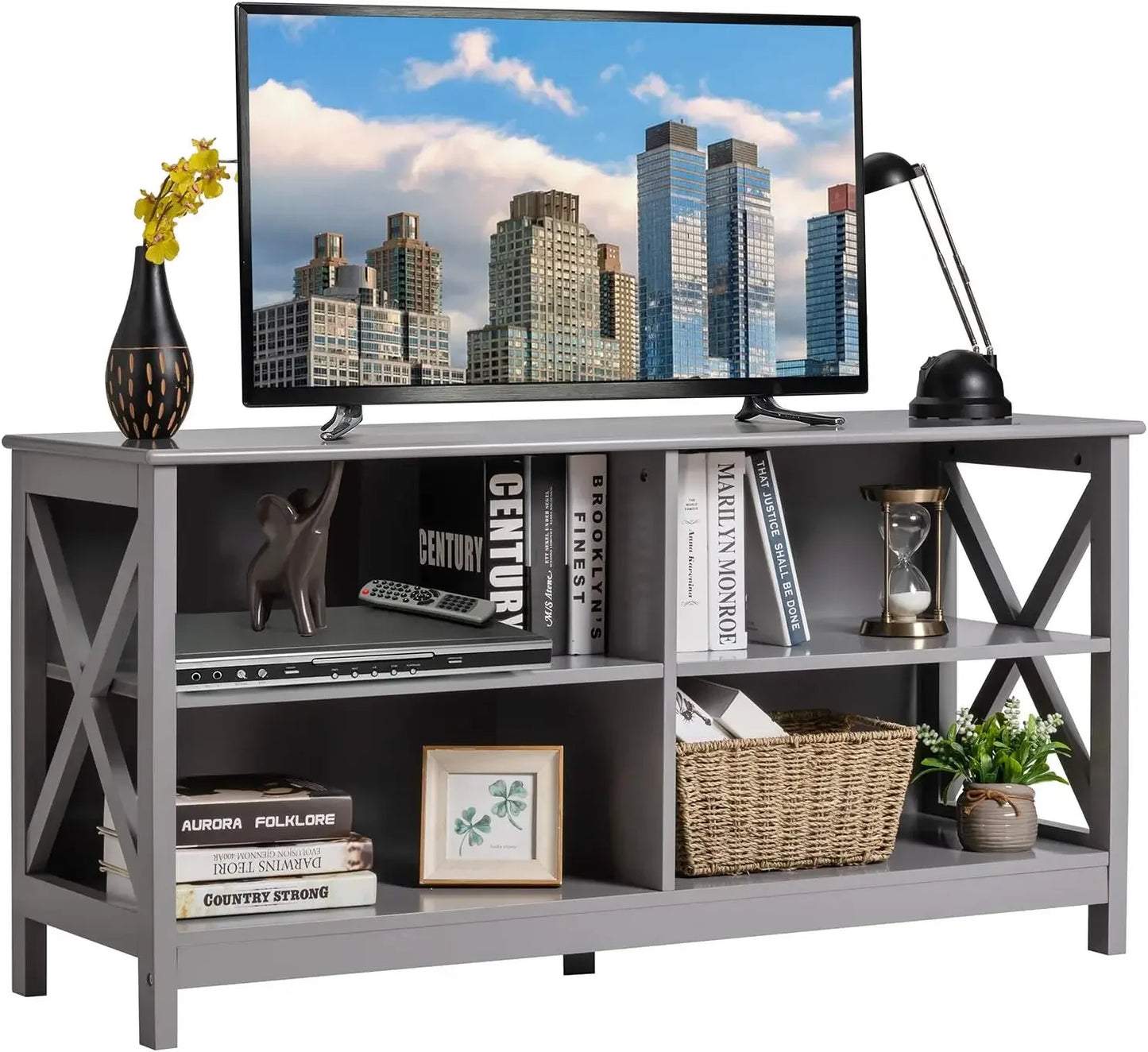 TV Stand for TVs up to 55 Inches, 47" Farmhouse Entertainment Center with 4 Open Shelves & Built-in Cable Holes