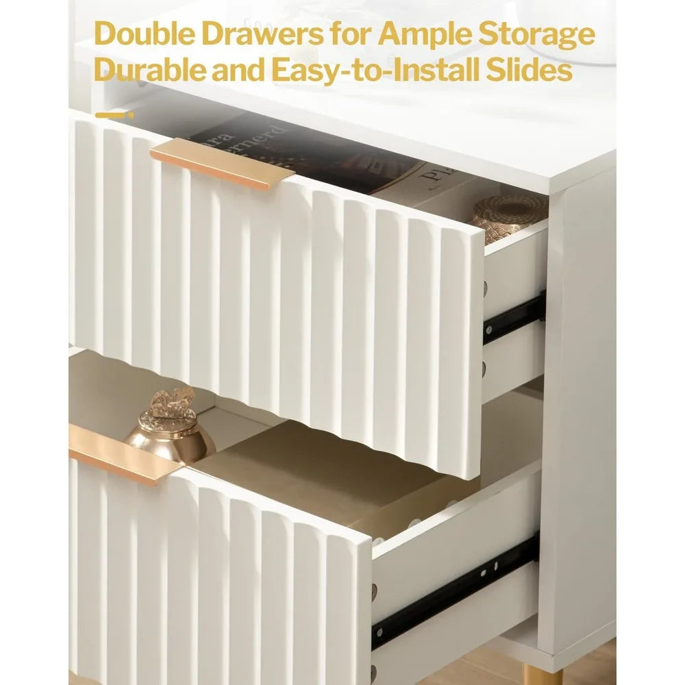 PHOENIX White Modern Fluted Nightstand with 2 Drawers - 24'' Wide
