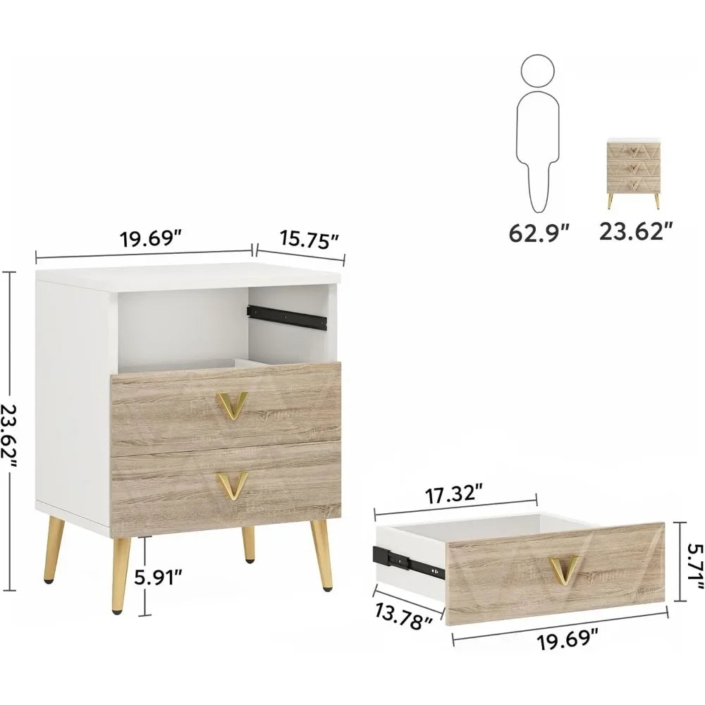 AZALEA Modern 3-Drawer Nightstand with Golden Legs - 19.69" W Stylish Bedside Table