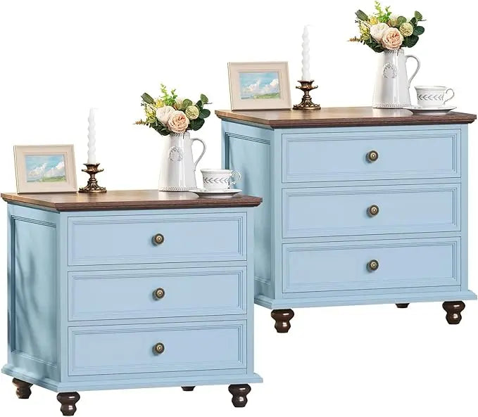 NAYELI Wide Nightstand Set of 2 – Solid Wood End Table with 3 Drawers for Bedroom