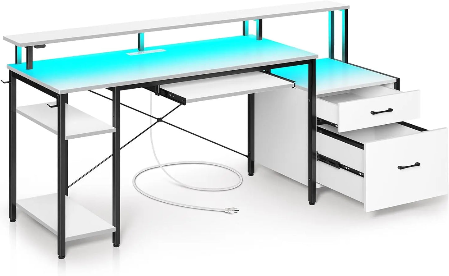 OLIVIA Gaming Desk with LED Lights & Power Outlets Storage Shelves- 63"W