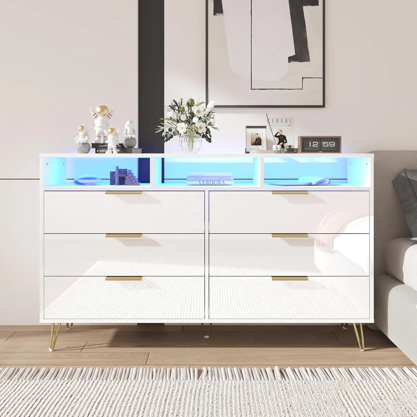 LOLA Modern High Gloss LED Dresser – 6 Drawer Chest with Gold Legs & Open Storage | 55.1'' W