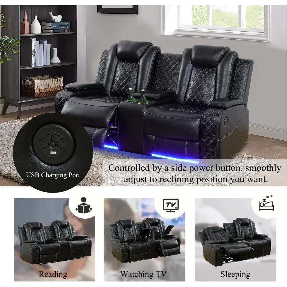 JUAN Leather Power Recliner Sofa Set with LED, USB Port & Cup Holder 83" W
