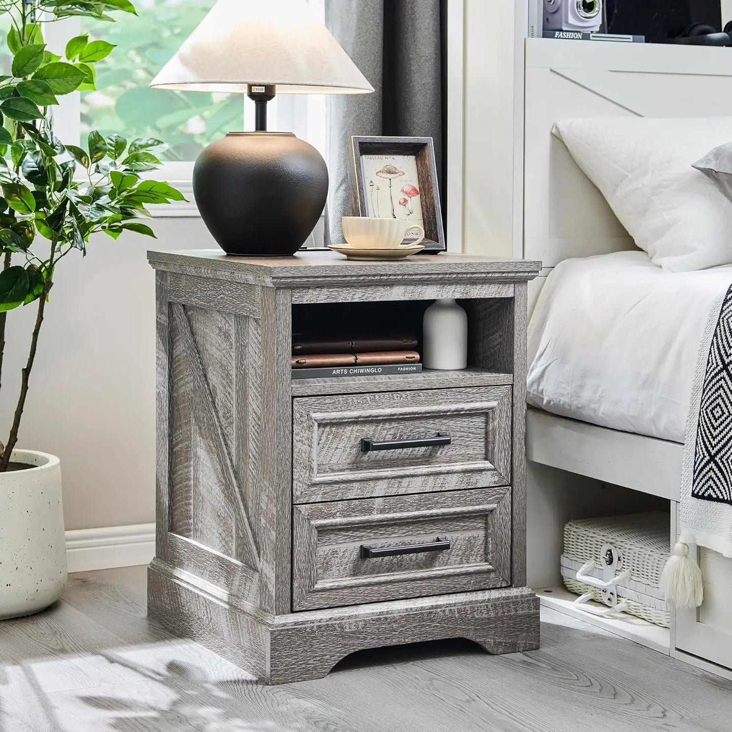 AMARI Farmhouse Nightstand with Charging Station – Rustic End Table with Storage Drawers – 18” Wide