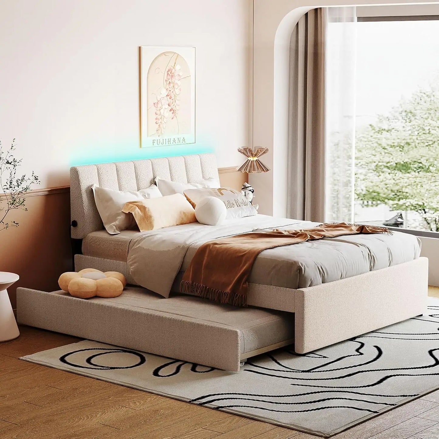 OLIVIA Elegant Modern Upholstered Platform Bed Frame | Queen Size 64.4" Wide Fabric Bed