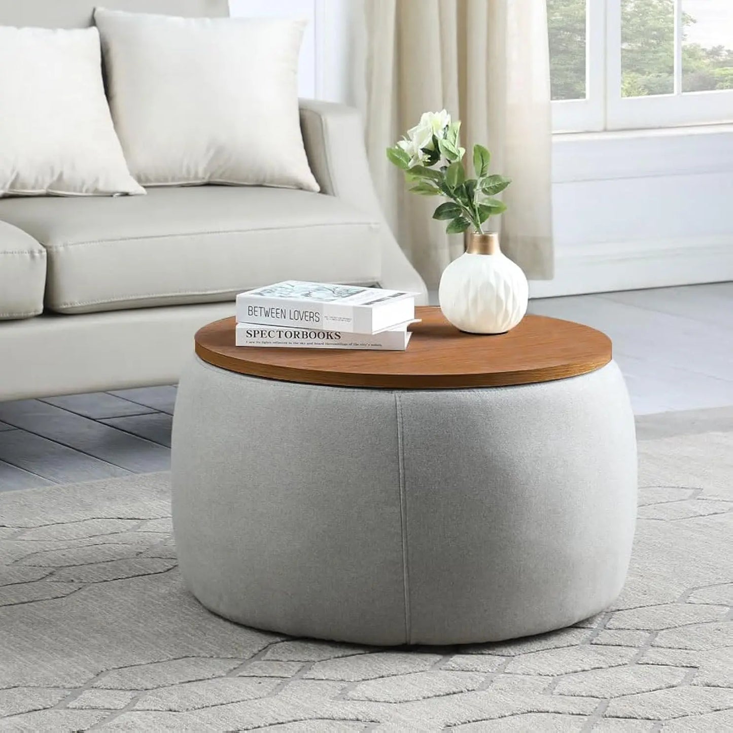 KAYLA Round Velvet Ottoman Storage Coffee Table – 26"W
