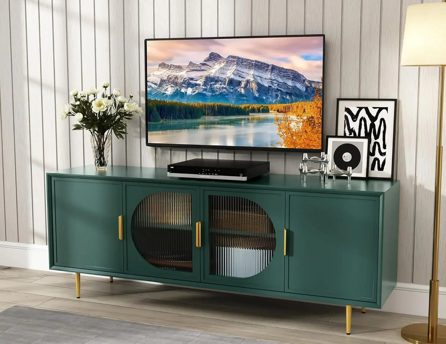 Modern TV Stand for TVs up to 70+ inch, Glass Door Television Console Table with Gold Leg, Entertainment Center with Storage