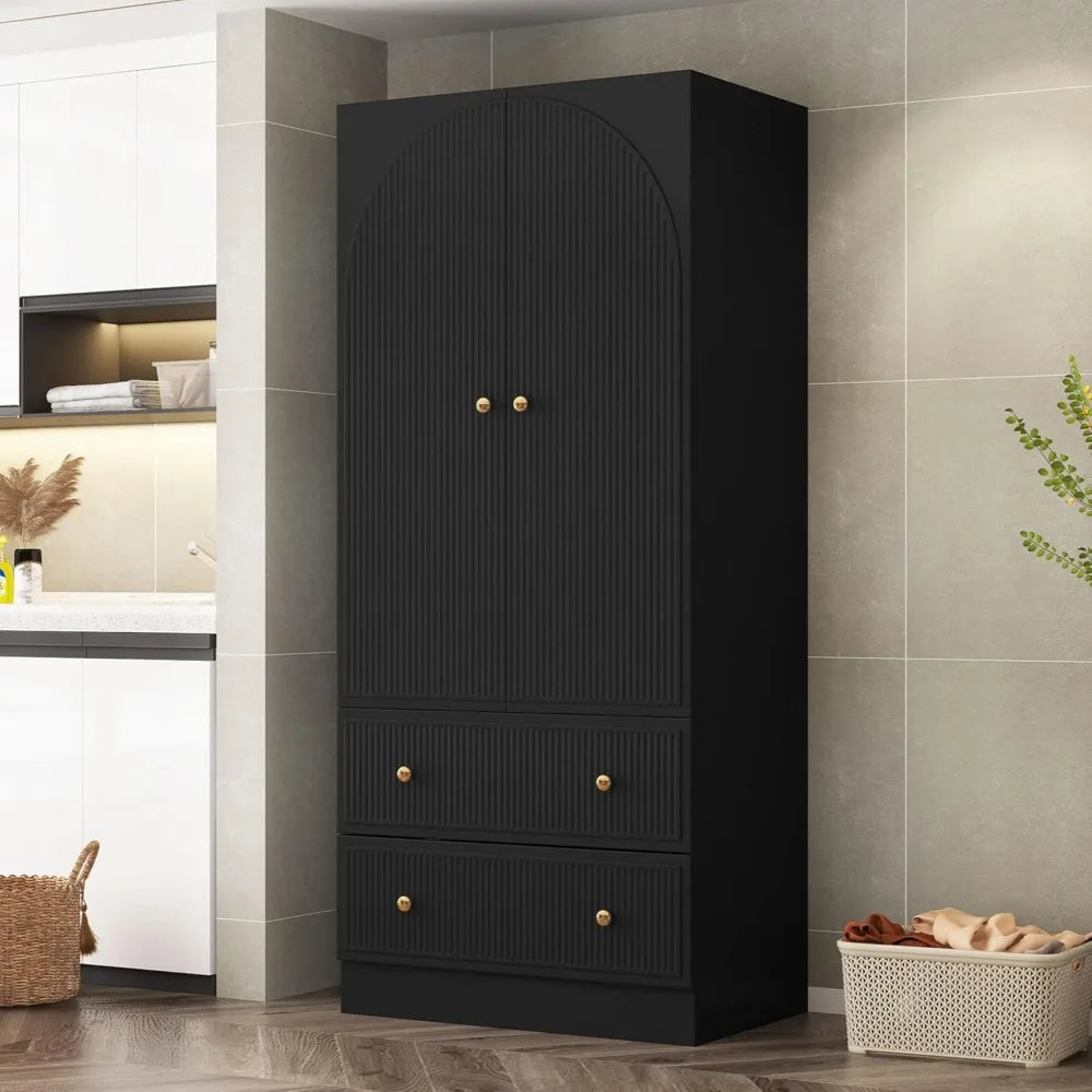 XIOMARA Modern Arched Groove Wardrobe Armoire – Freestanding 2-Door Closet with Drawers & Hanging Rod
