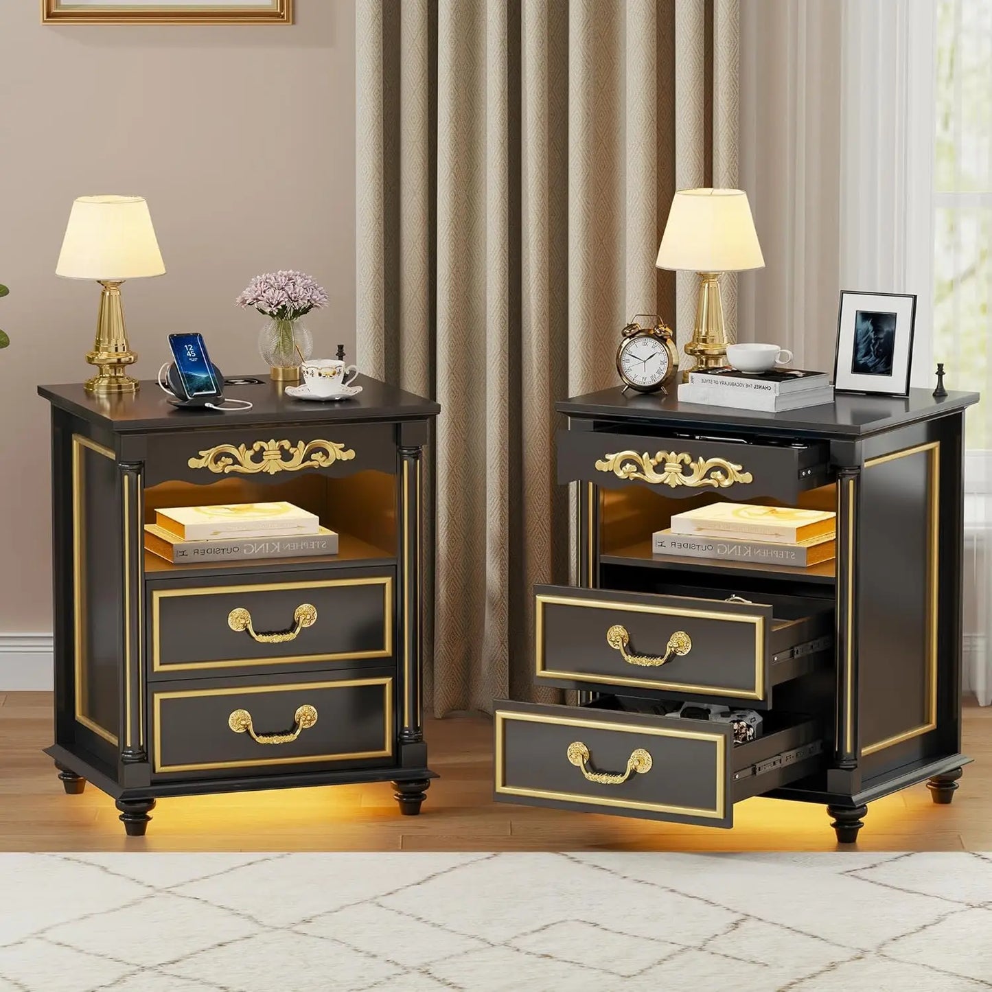 NICOLE Wooden Bedside Table with Wireless Charging & LED Lights - 24''