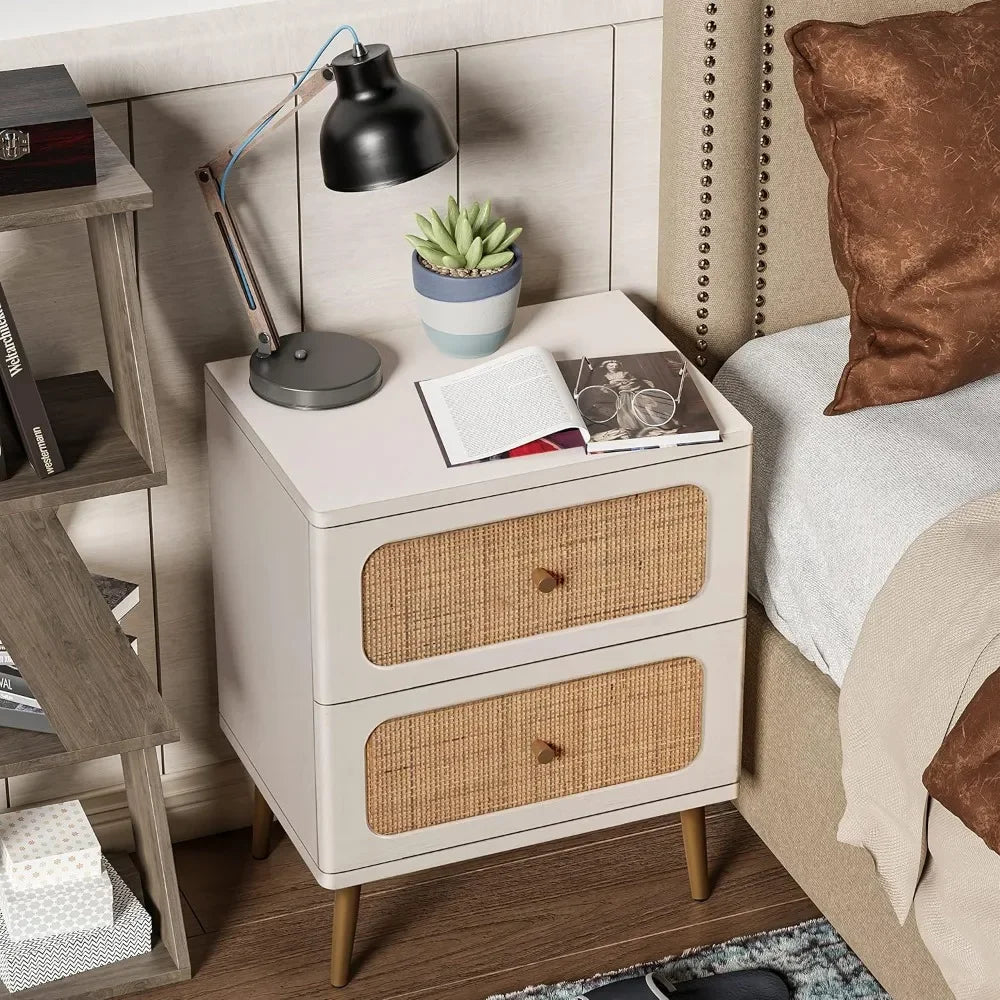 ALESSANDRA Modern Farmhouse Wicker Rattan Nightstand - 18.9'' Wooden Bedside Table