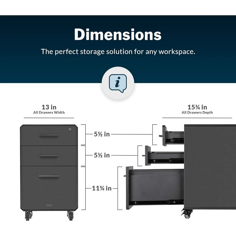 CHARLES Modern Charcoal Grey Mobile Filing Cabinet -3-Drawer Lockable Metal – 15.75" W