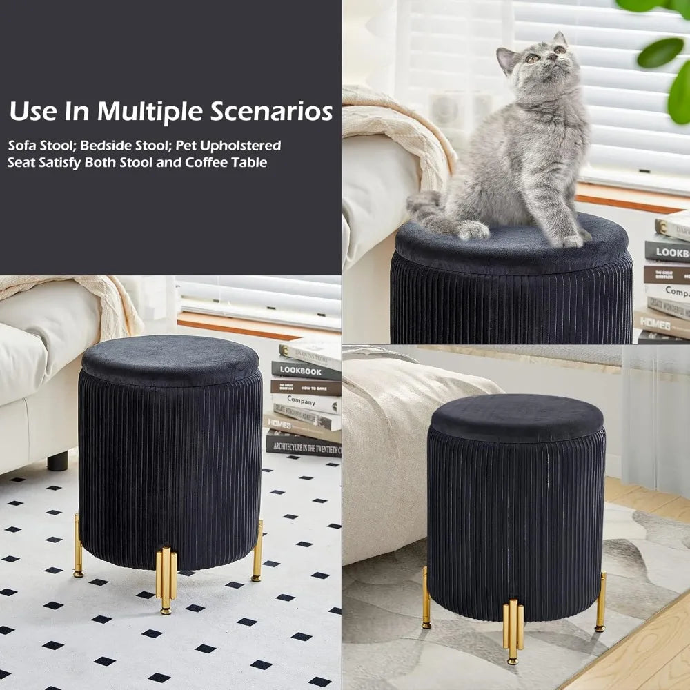 Ayden Round Velvet Upholstered Ottoman with Storage and Metal Legs - 13.8" W