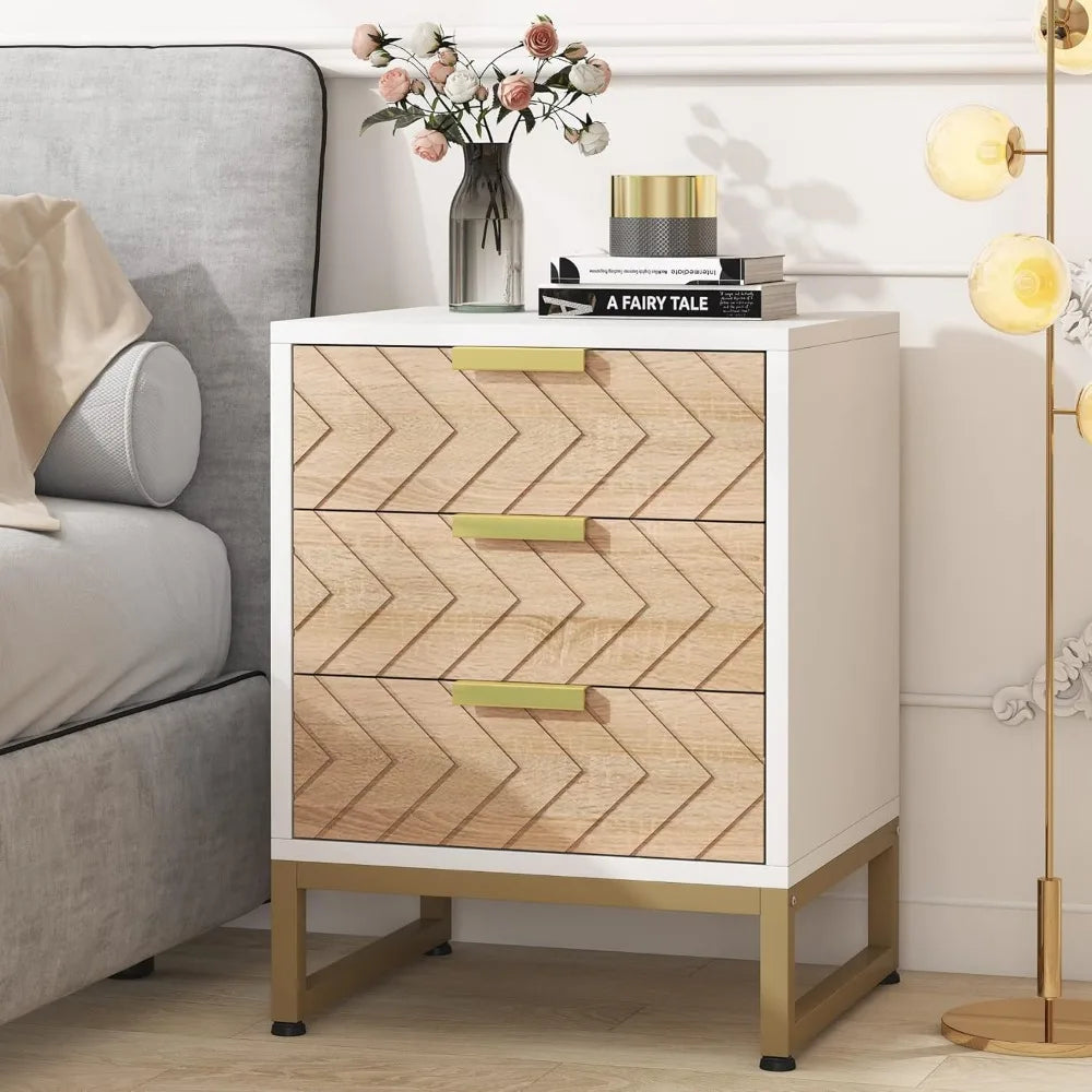 FRANCESCA Modern Zigzag 3-Drawer Nightstand Set – 17.71" Wide Wood & Metal End Table