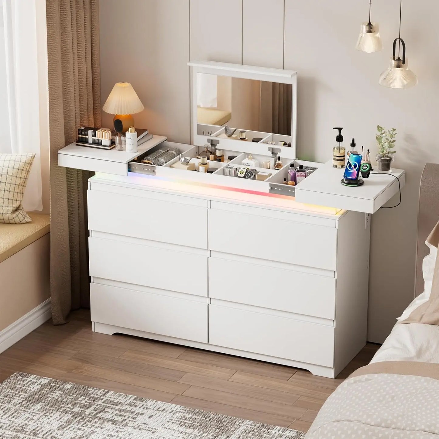 LILLY Modern LED 5-Drawer Dresser with Hanging Rack & Charging Station