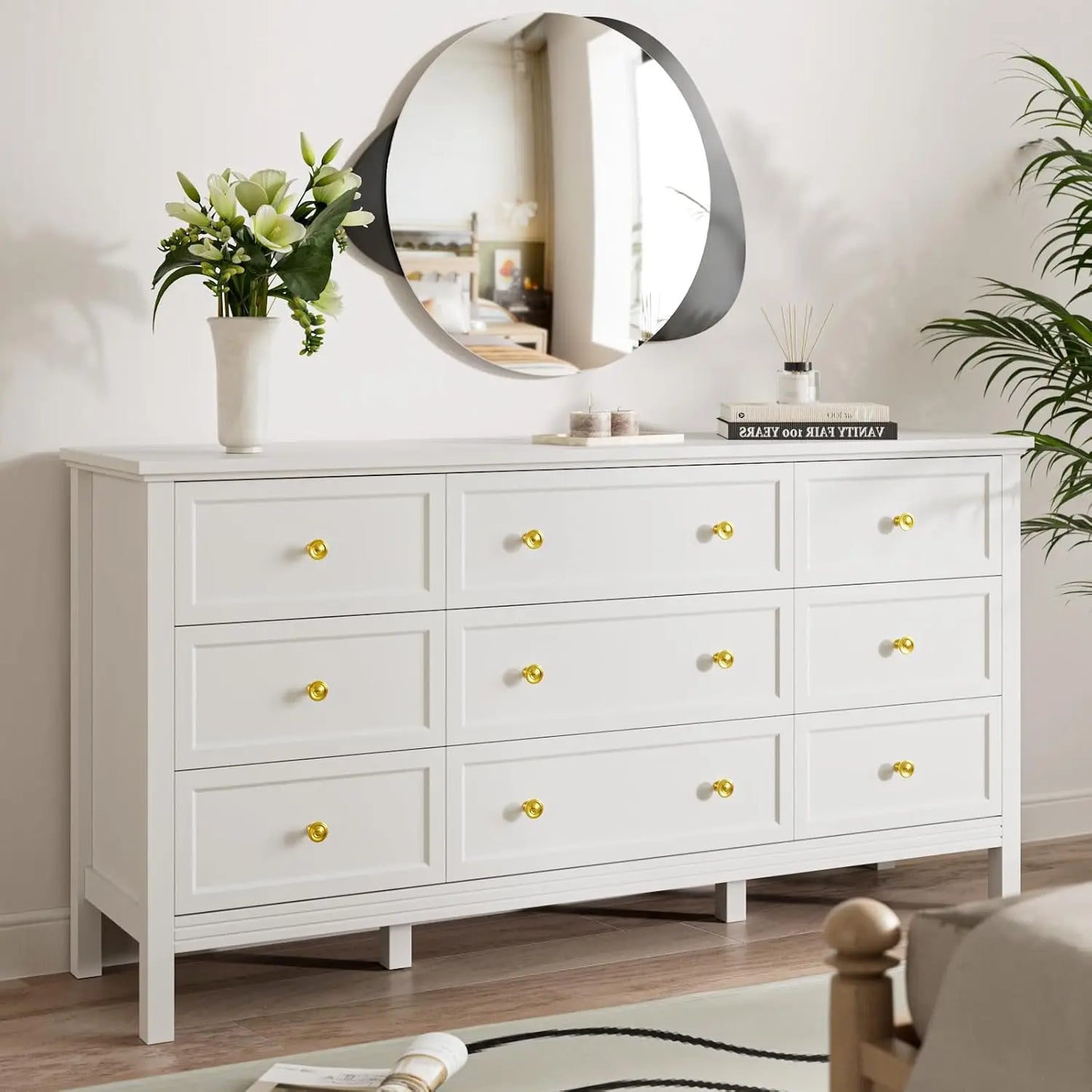 BRYNLEE Modern Minimalist 55'' Wide 7-Drawer Wood Dresser with Gold Handles