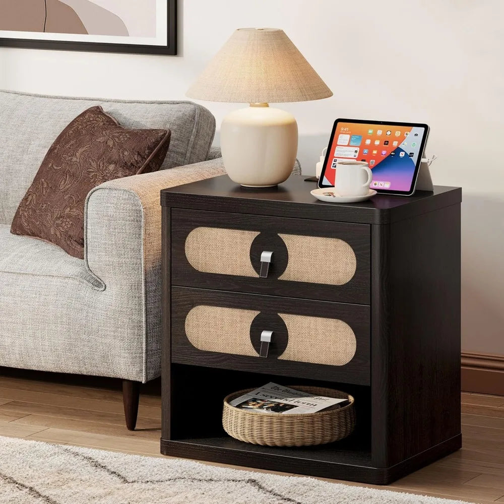ANNABELLE Modern Linen-Decor Nightstand Set - 24'' Wide Bedside Table with Charging Station