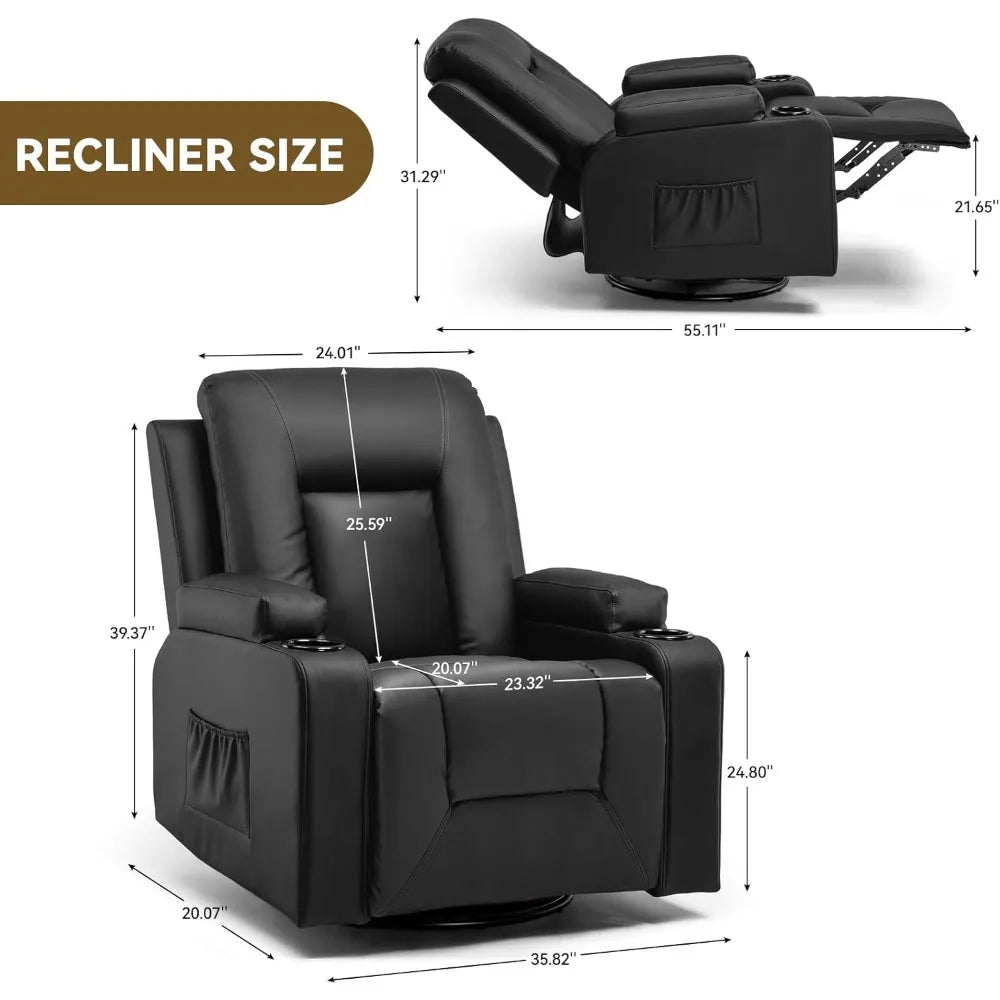 NORA Swivel Rocker Recliner Chair - Massage & Heat - Modern Faux Leather - 24" W