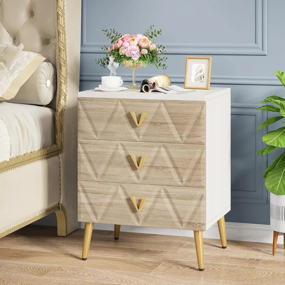 AZALEA Modern 3-Drawer Nightstand with Golden Legs - 19.69" W Stylish Bedside Table