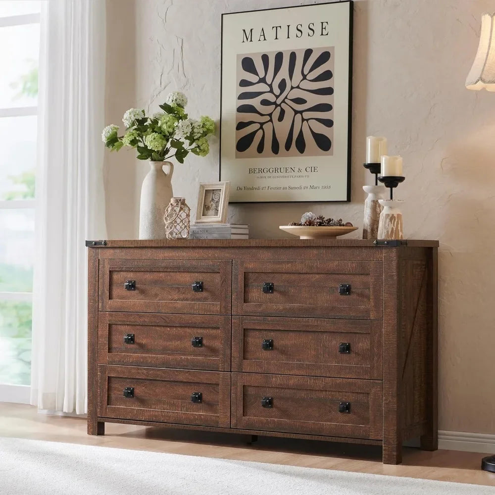 KYLIE Farmhouse Wide Rustic 6 Drawer Dresser - 54'' Wood Storage Chest for Bedroom