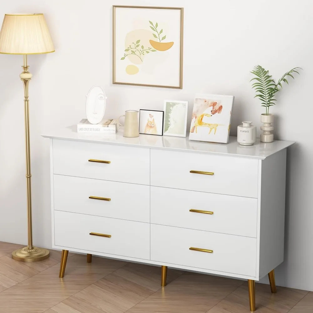 ANTONELLA Modern LED White Dresser – 6 Drawer Chest with Gold Handles – 47.2''