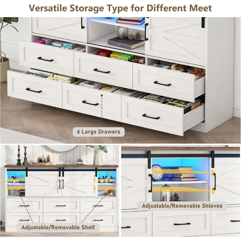 GRACIE Rustic Farmhouse 6-Drawer Dresser with LED Lights & Sliding Barn Doors