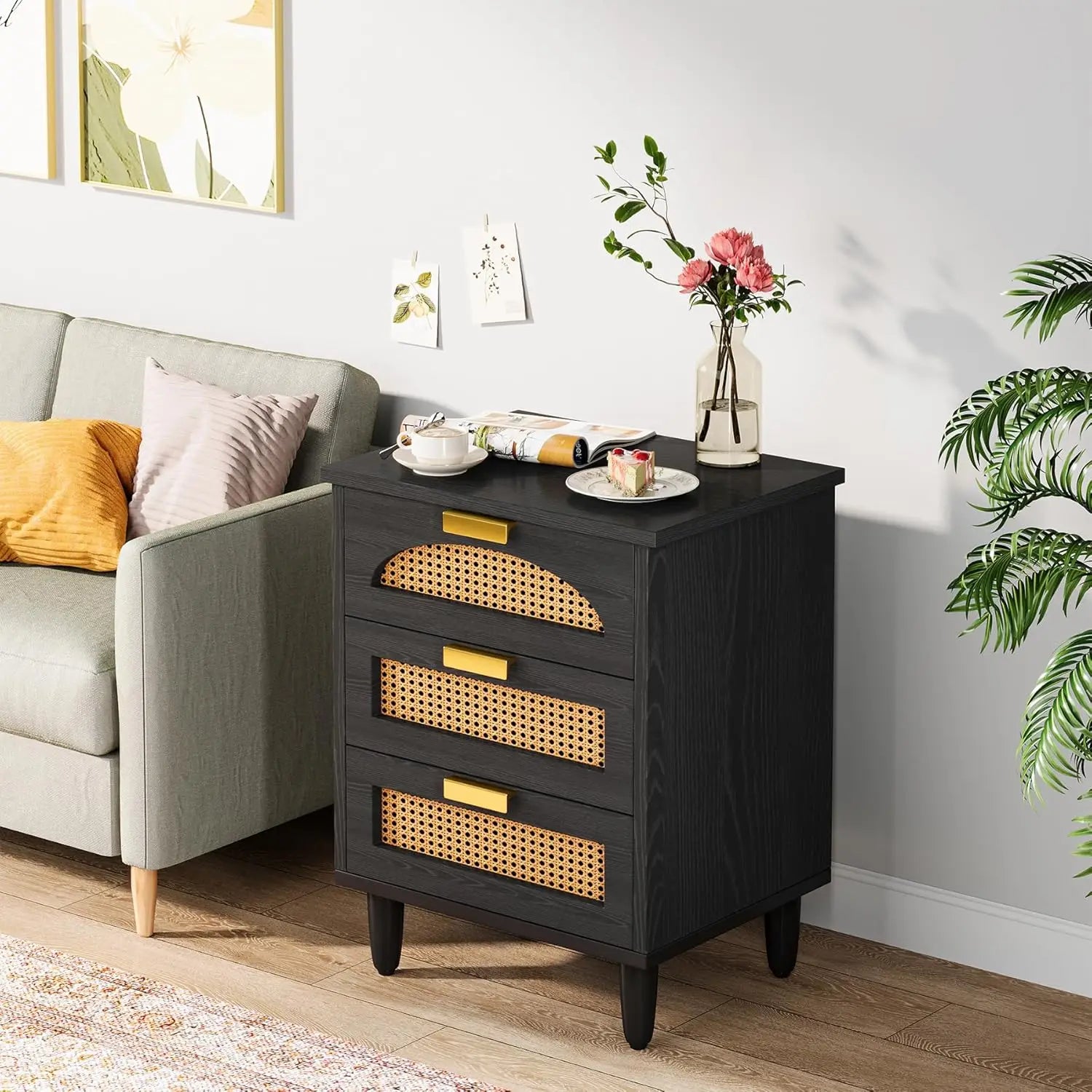 BROOKE Mint Green Modern Rattan 3-Drawer Nightstand - 19.69''