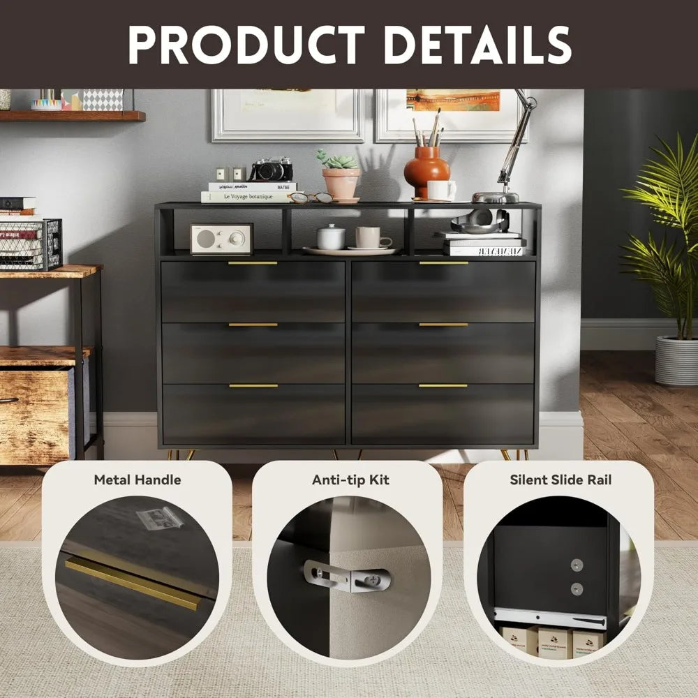 TALIA Modern High-Gloss LED Dresser – 6 Drawer Storage Chest with Open Shelves | 47.2'' W