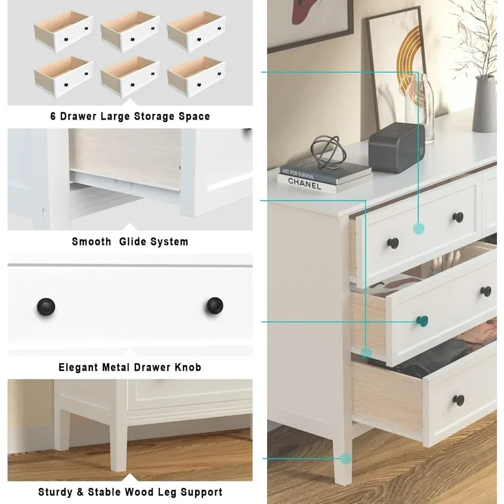 POPPY Modern Elegant 6-Drawer Dresser with Metal Handles - 47'' Wide