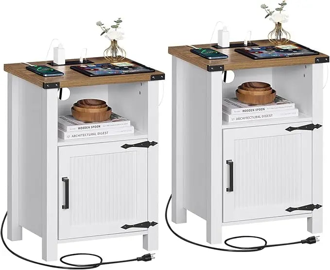 SERENA Farmhouse Nightstand Set of 2 with Charging Station - 18" Rustic Bedside Table with USB Ports & Storage