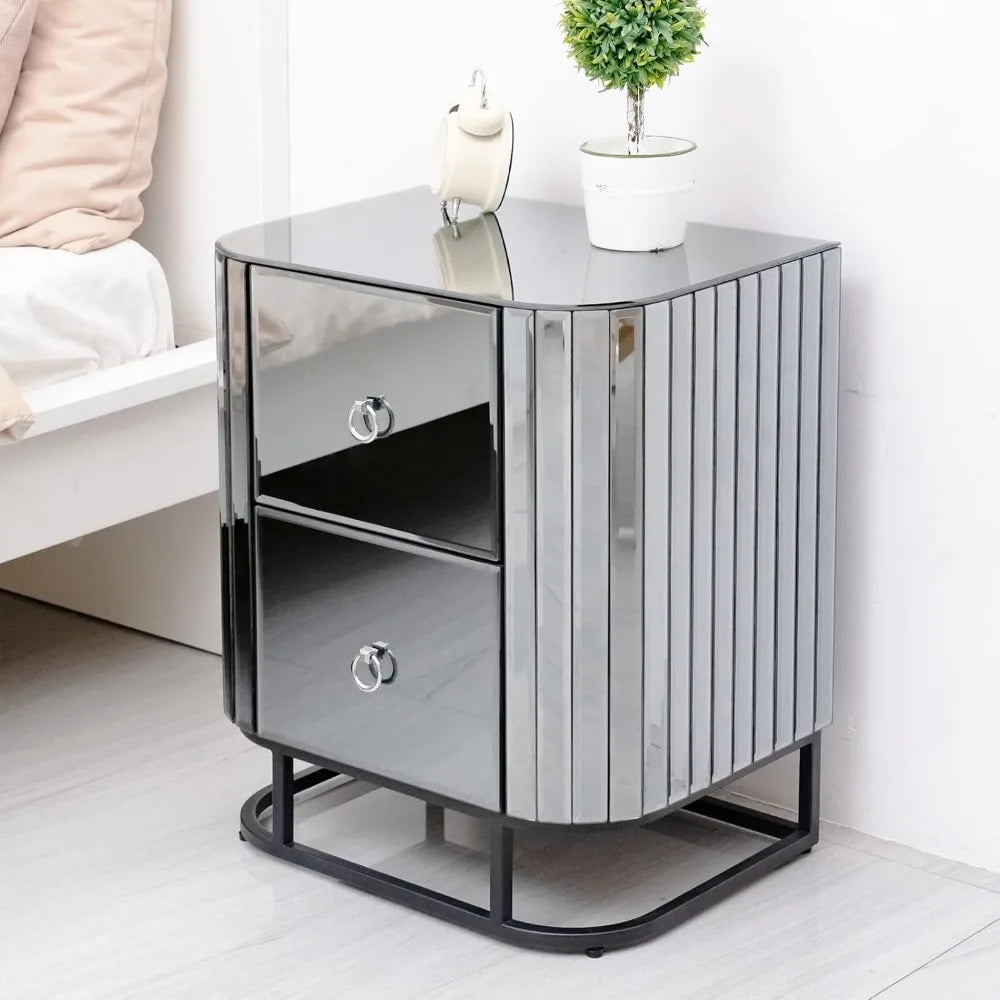 VIVIANA Modern Glass Bedside Table with 2 Drawers and Metal Frame – 19.69"W