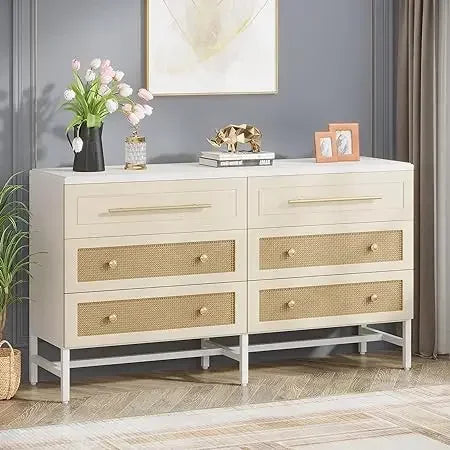 SUTTON Modern Rattan 6 Drawer Dresser - 55" Wood Storage Chest