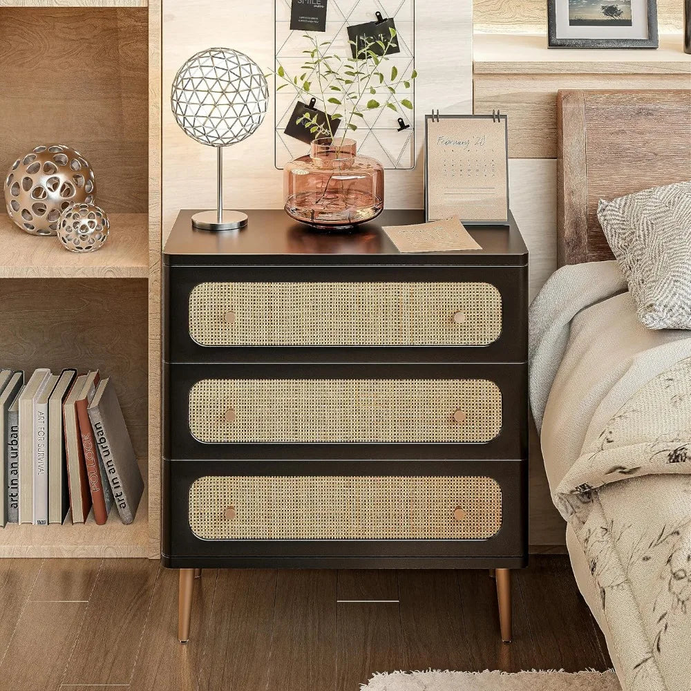 MEADOW Boho Rattan 3-Drawer Dresser - Farmhouse Wooden Storage Cabinet 26"W