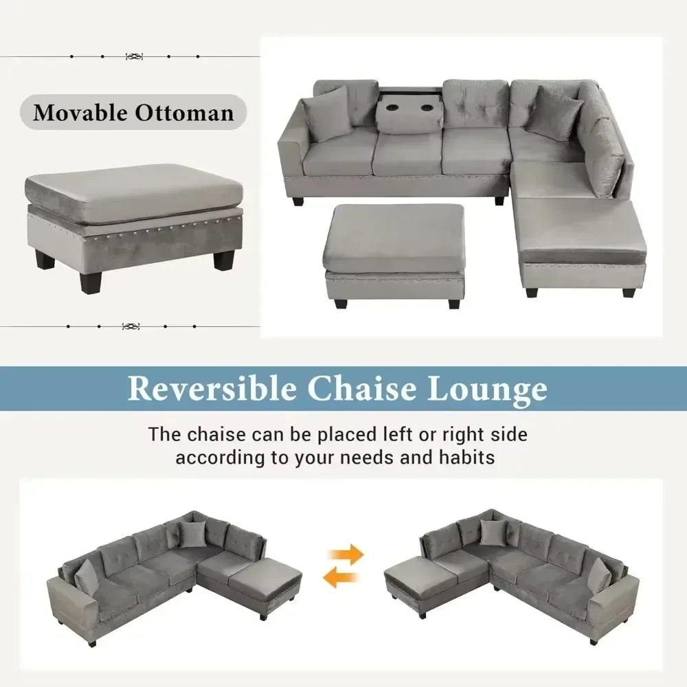 EVERETT ReversaMax Modern L-Shaped Sectional Sofa with Ottoman – Polyester Fabric Couch | 105″ W
