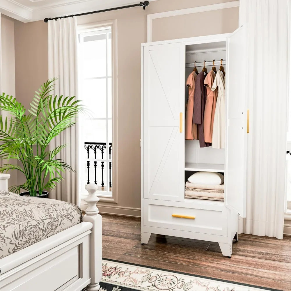 JOY Metal Barn Door Wardrobe Closet with Drawer – 31.5" Wide Steel Armoire