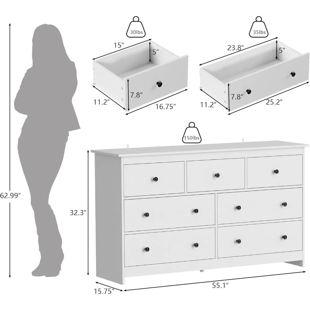 BRYNLEE Modern Minimalist 55'' Wide 7-Drawer Wood Dresser with Gold Handles