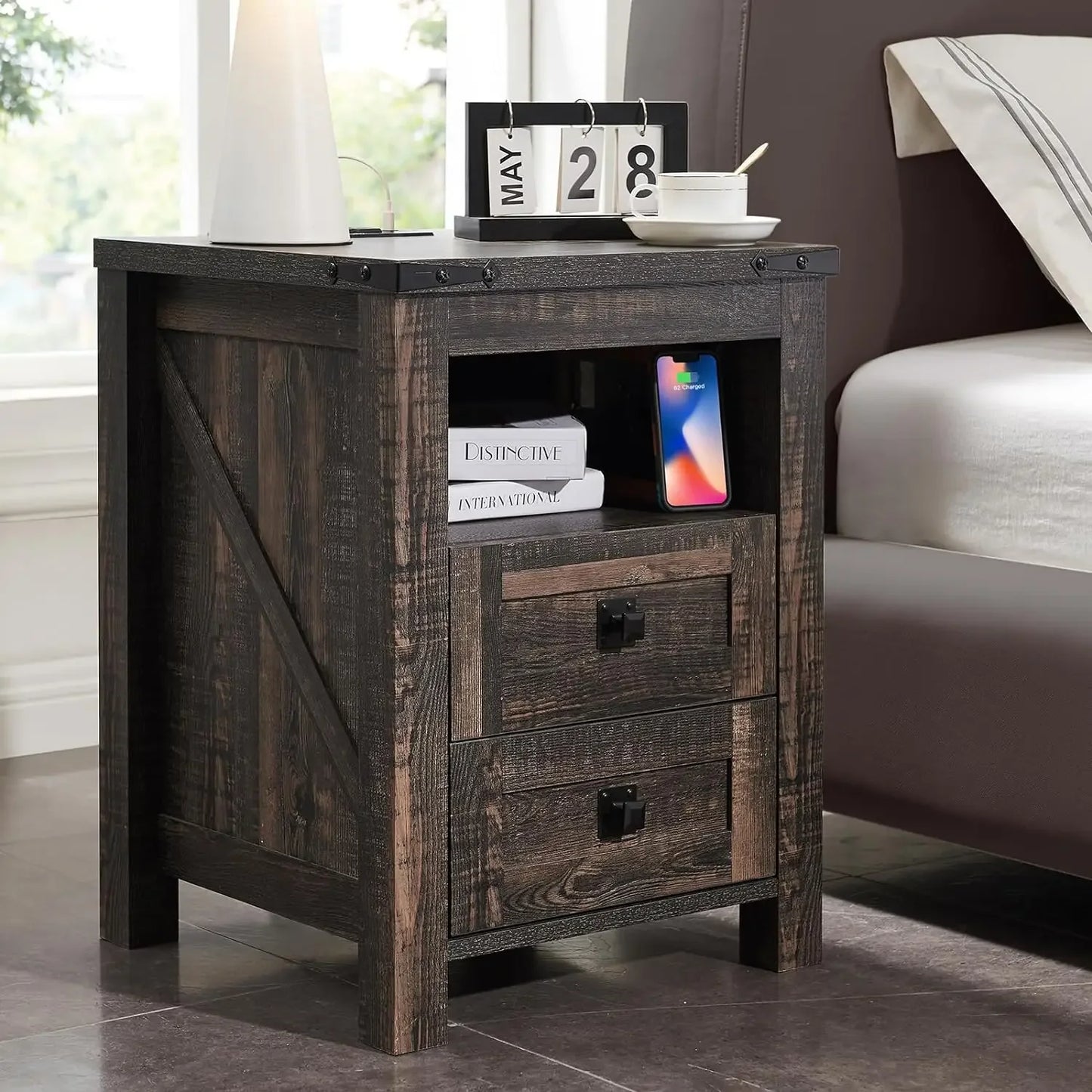 ADELINA Rustic Farmhouse Nightstand with USB Charging Station & 2 Drawers – 18"W