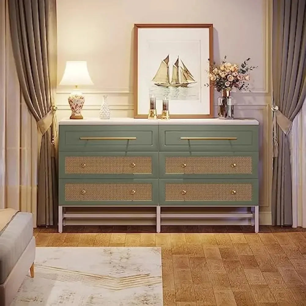 SUTTON Modern Rattan 6 Drawer Dresser - 55" Wood Storage Chest