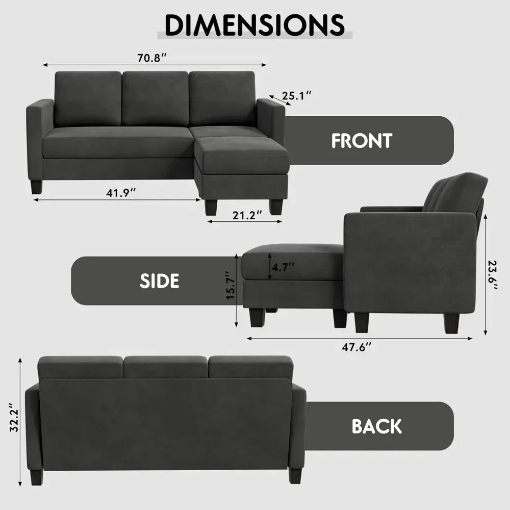 CALVIN Scandinavian Style Convertible L-Shaped Sectional Sofa – Linen Fabric Couch | 70.8"W